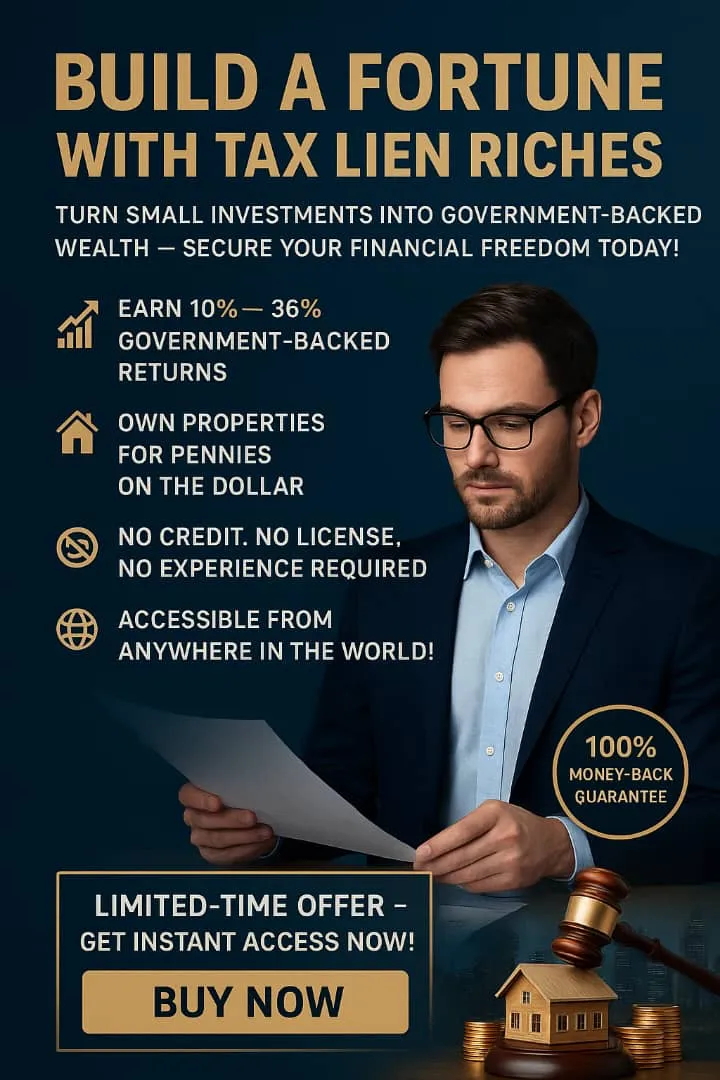 💰 Build A Fortune With Tax Lien Riches:   The Proven Path to Turning Small Investments Into Massive, Government-Backed Wealth — No Banks. No Credit. No Guesswork.