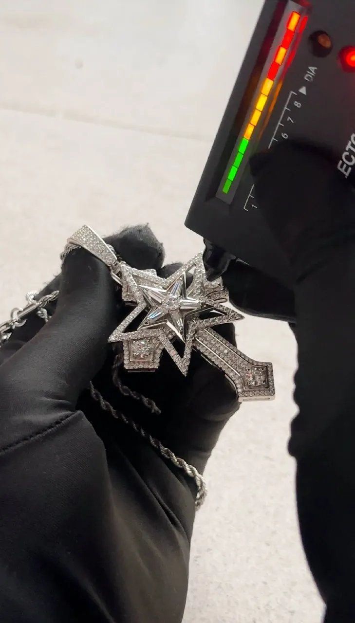 Luxury VVS Moissanite Diamond Star Cross Pendant Bracelet & Steel Necklace Set – 925 Silver Quality 💎🌹