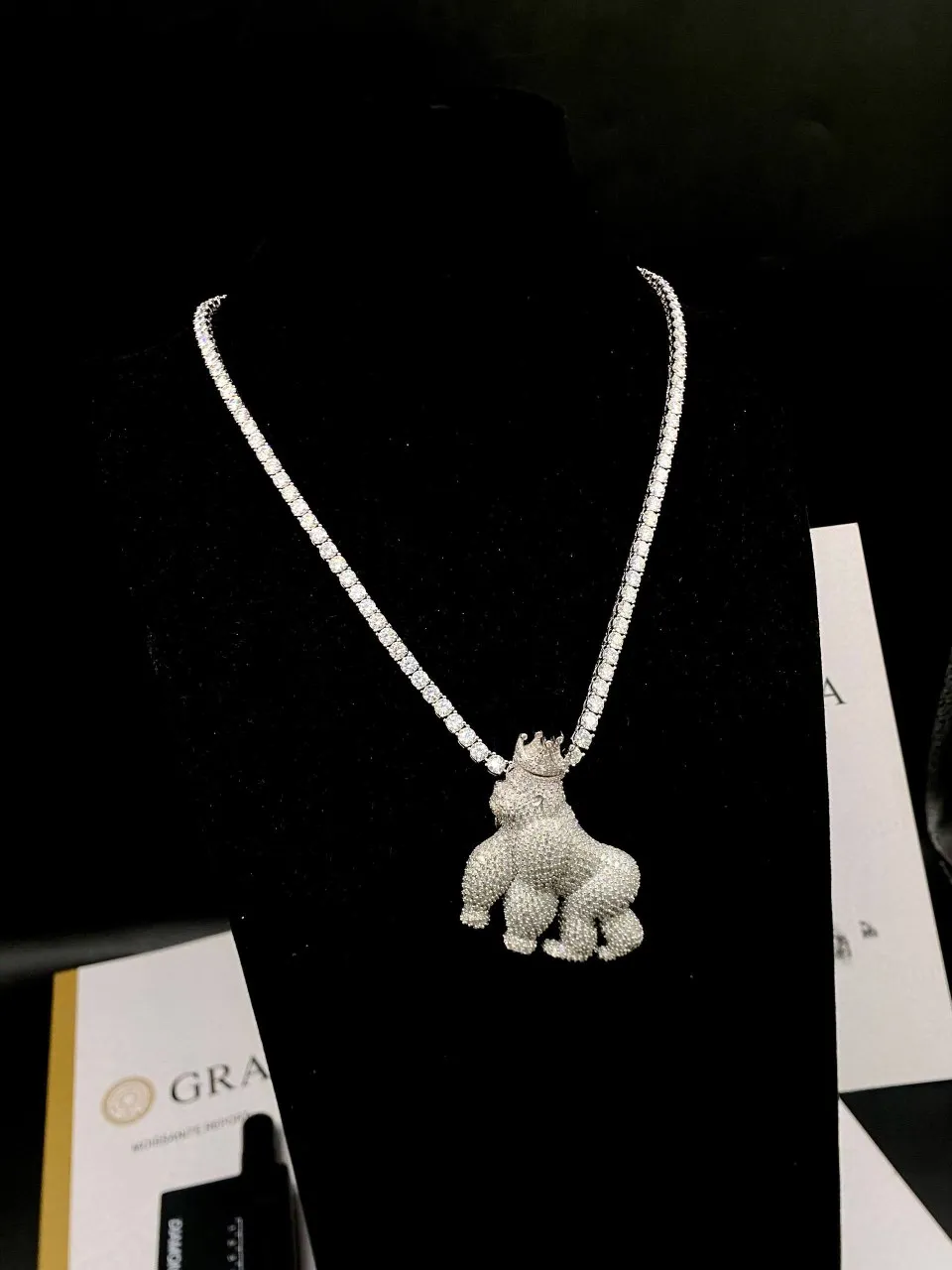 VVS Moissanite Diamond Big Gorilla Pendant with Crown & Tennis Neckchain – Diamond Tested 925 Silver
