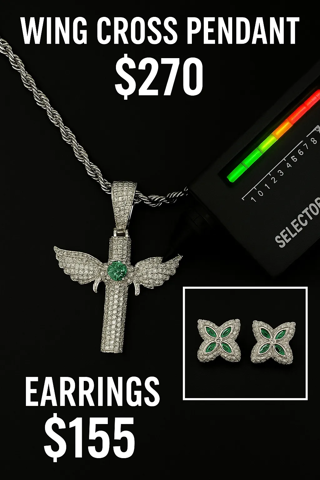 Luxury Moissanite Wing Cross Pendant & Butterfly Earrings Set